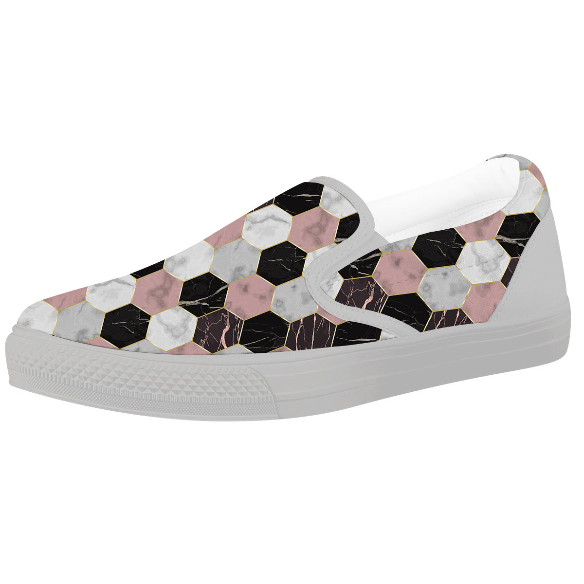 Hexagon Marble White Pink And Black Print White Slip On Shoes-grizzshop