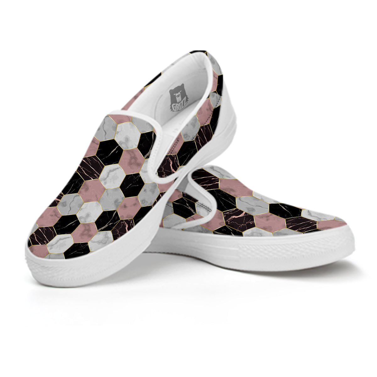 Hexagon Marble White Pink And Black Print White Slip On Shoes-grizzshop