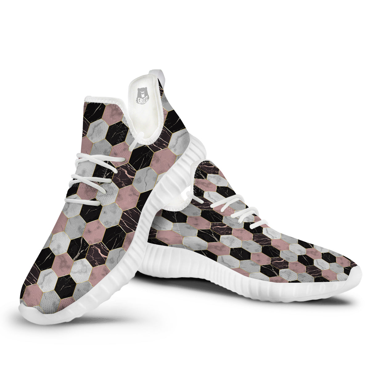 Hexagon Marble White Pink And Black Print White Walking Shoes-grizzshop