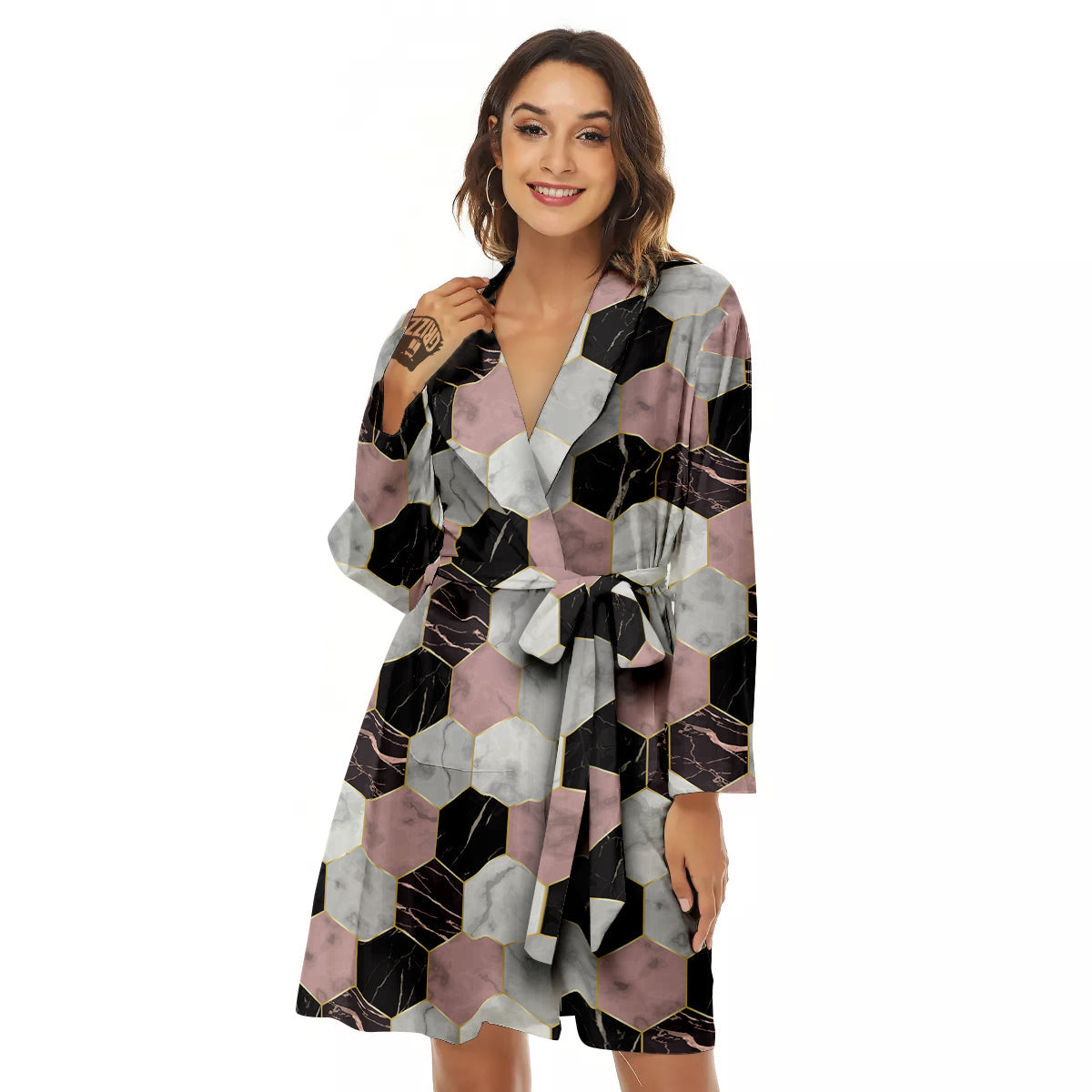 Hexagon Marble White Pink And Black Print Women's Robe-grizzshop
