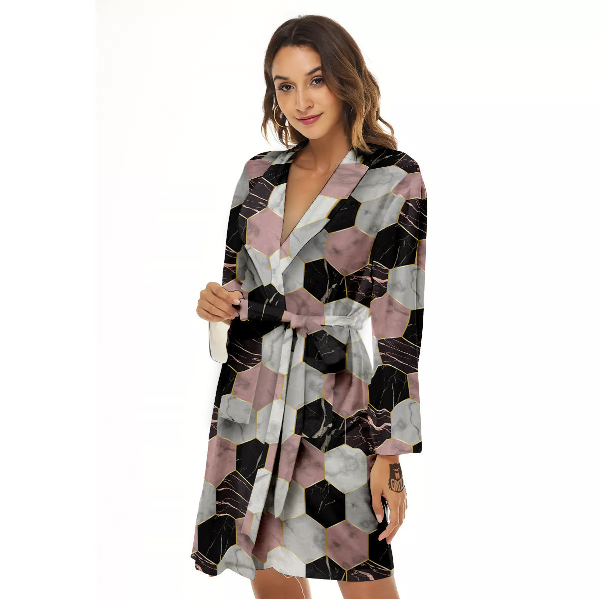 Hexagon Marble White Pink And Black Print Women's Robe-grizzshop