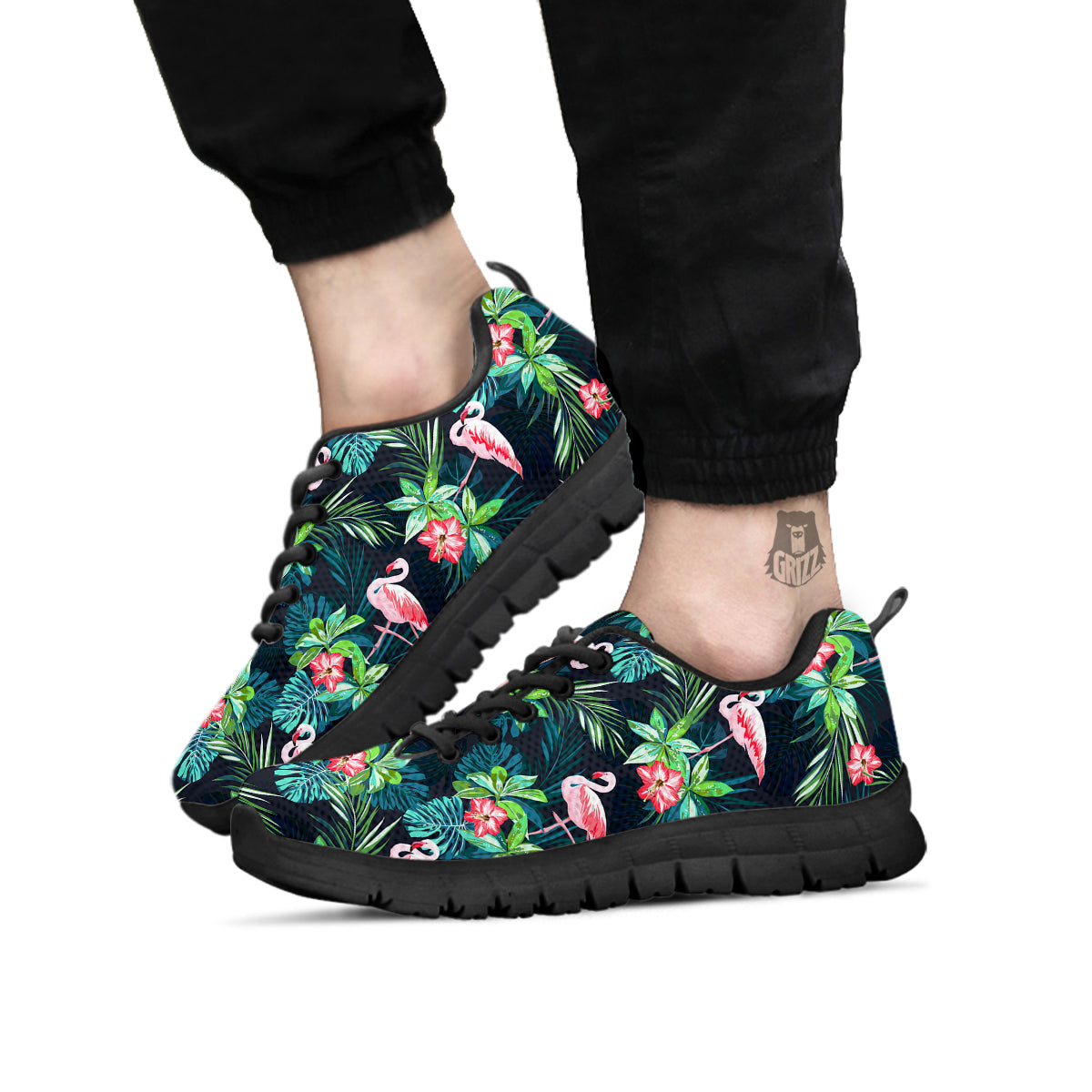 Hibiscus And Tropical Flamingo Print Pattern Black Sneaker-grizzshop