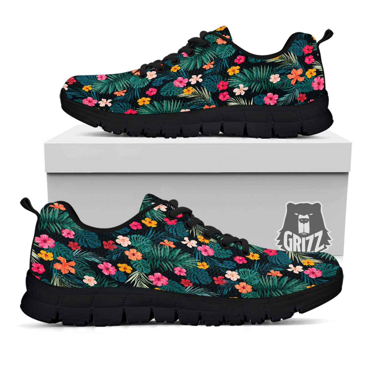 Hibiscus And Tropical Palm Print Pattern Black Sneaker-grizzshop