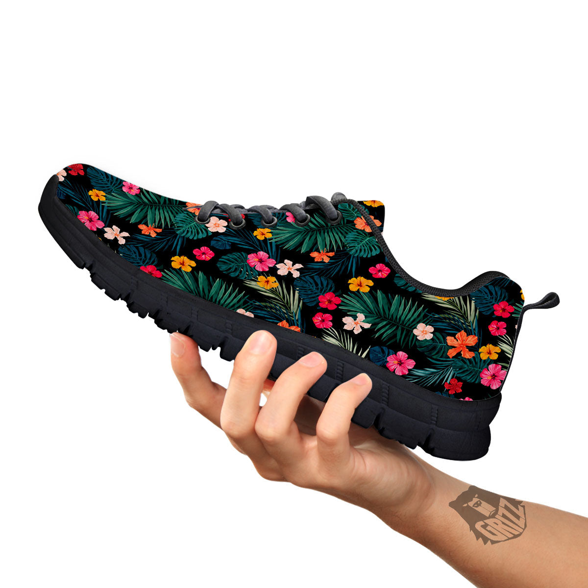 Hibiscus And Tropical Palm Print Pattern Black Sneaker-grizzshop