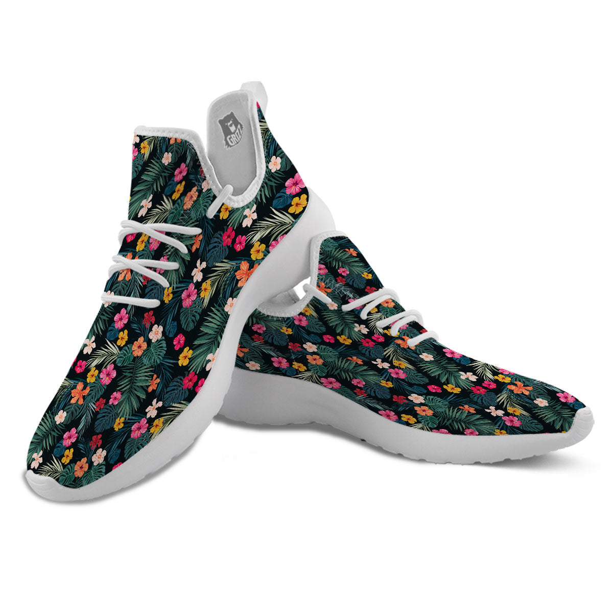 Hibiscus And Tropical Palm Print Pattern White Athletic Shoes-grizzshop