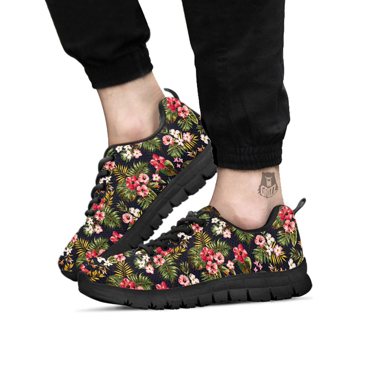 Hibiscus Blossom Tropical Print Pattern Black Sneaker-grizzshop