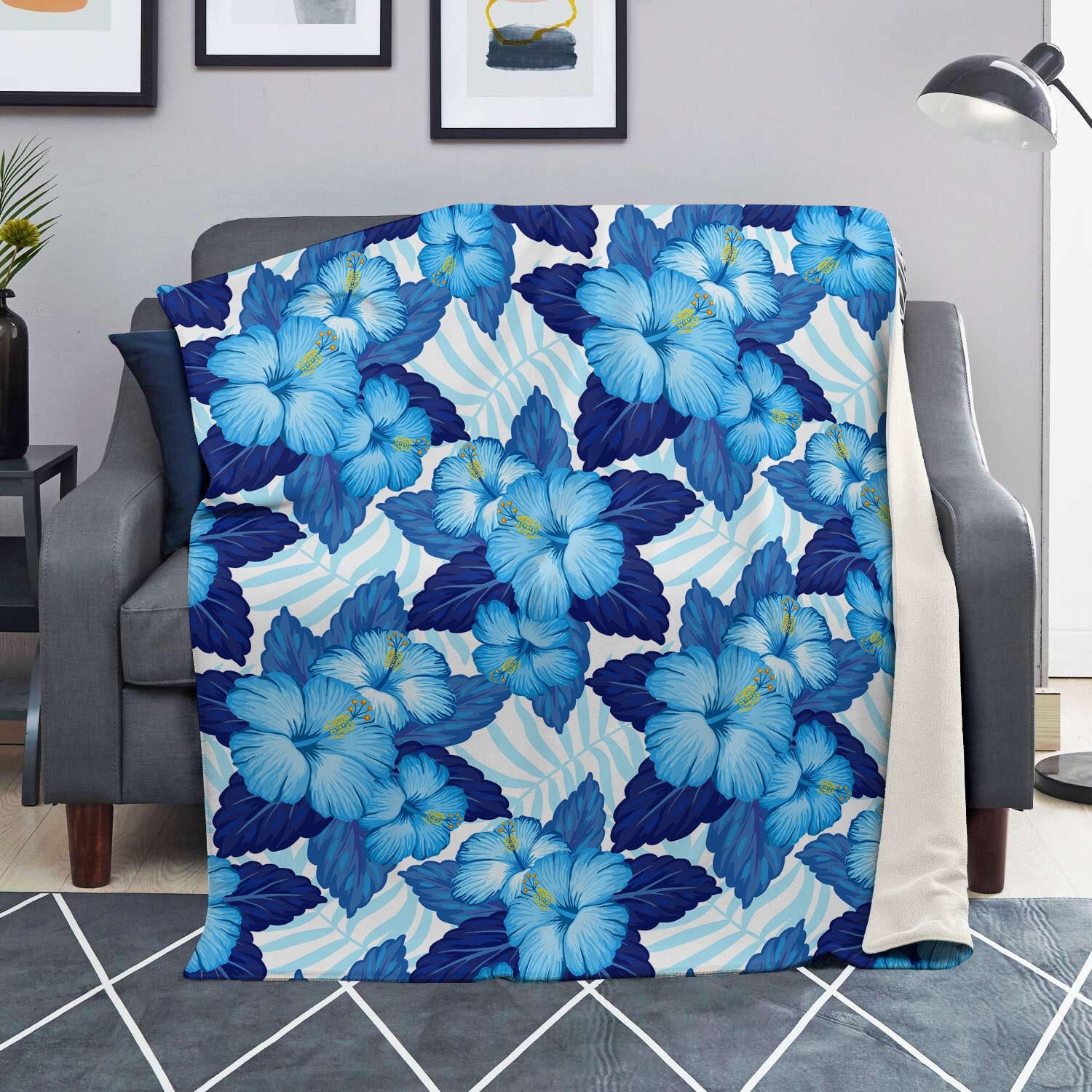 Hibiscus Blue Hawaiian Print Blanket-grizzshop