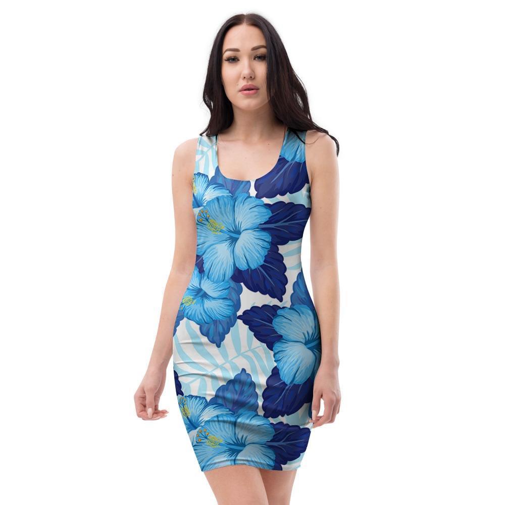 Hibiscus Blue Hawaiian Print Bodycon Dress-grizzshop