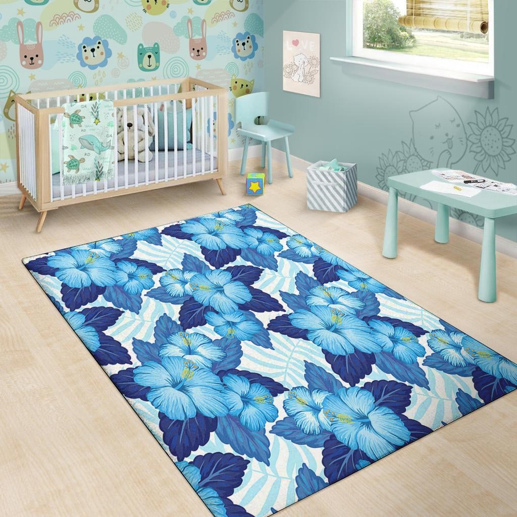 Hibiscus Blue Hawaiian Print Floor Mat-grizzshop