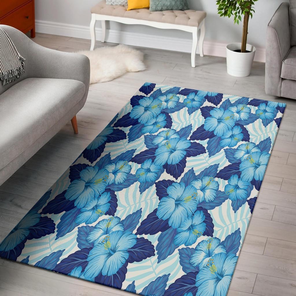 Hibiscus Blue Hawaiian Print Floor Mat-grizzshop