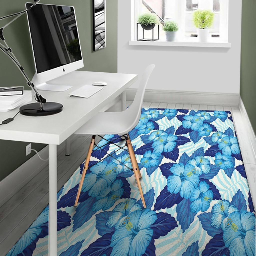 Hibiscus Blue Hawaiian Print Floor Mat-grizzshop