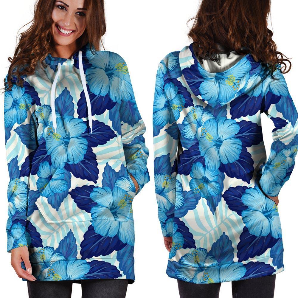 Hibiscus Blue Hawaiian Print Hoodie Dress-grizzshop