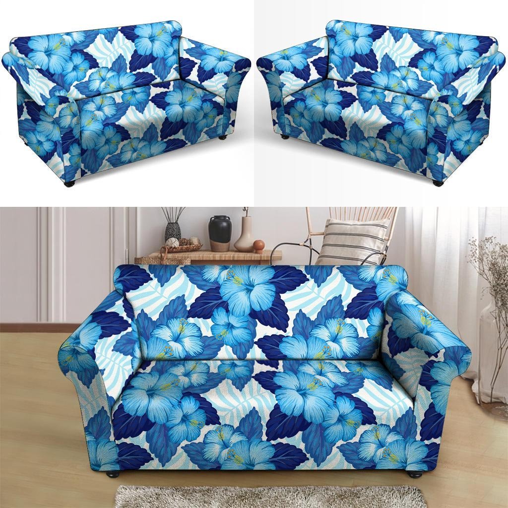 Hibiscus Blue Hawaiian Print Loveseat Cover-grizzshop