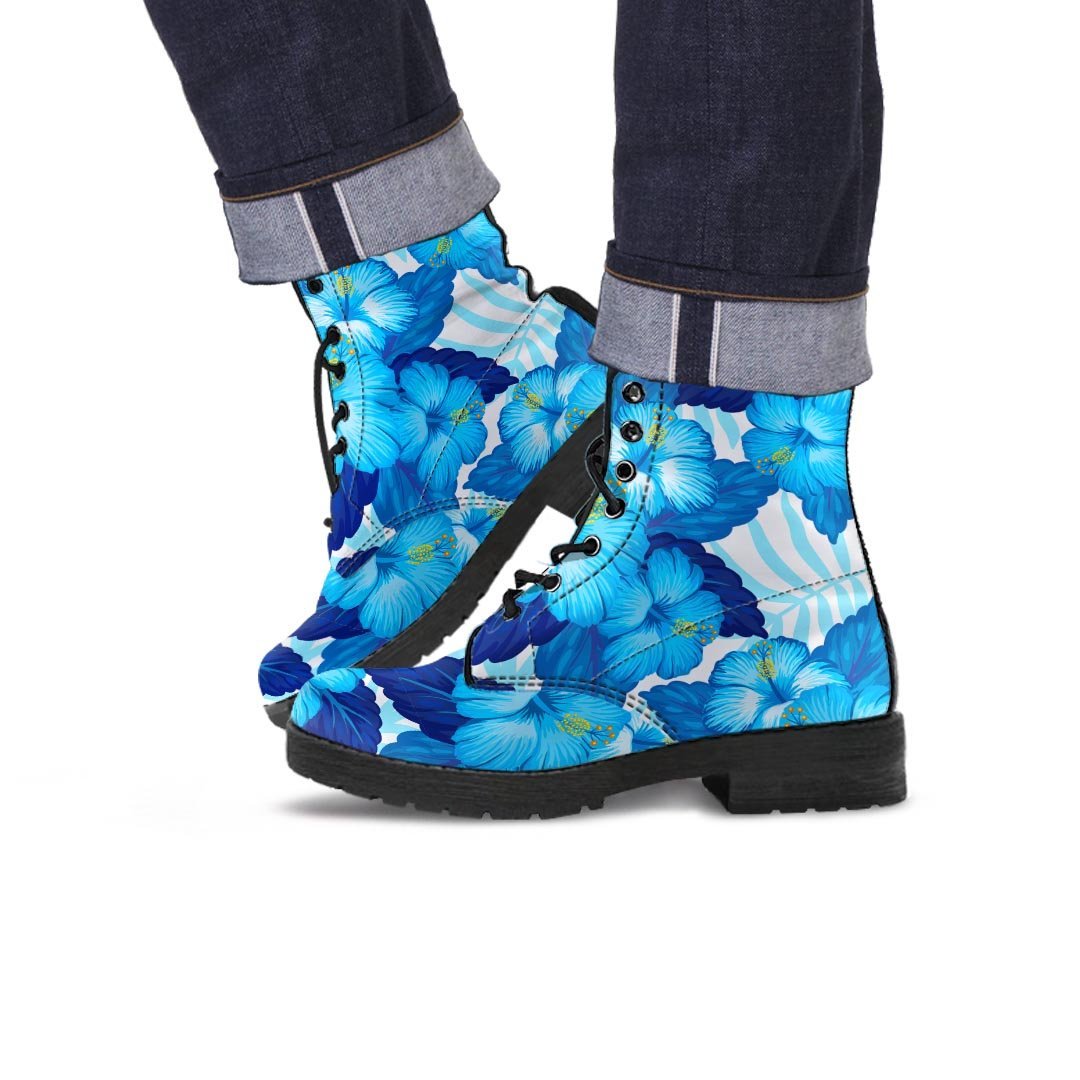 Hibiscus Blue Hawaiian Print Men's Boots-grizzshop