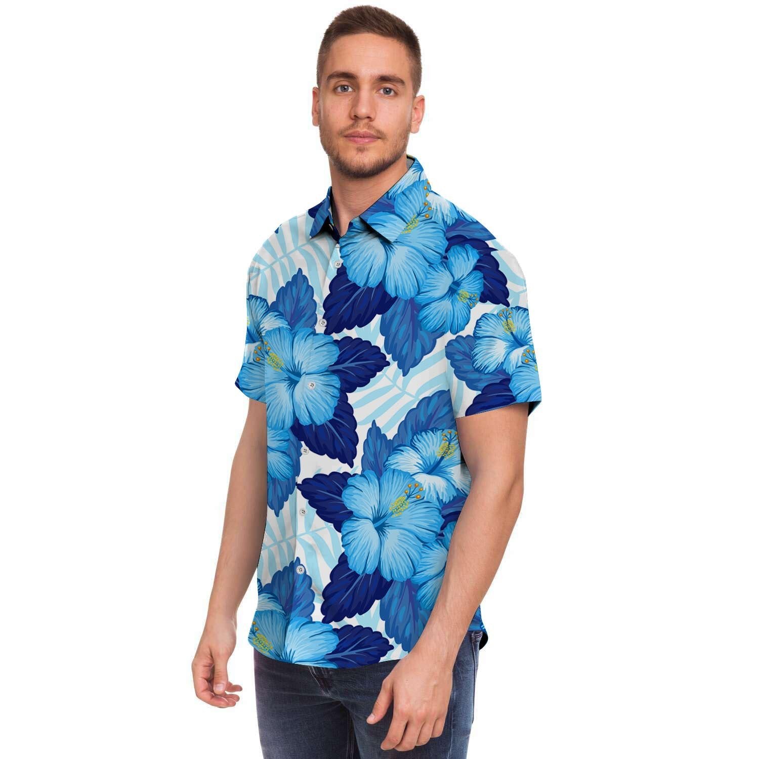 Hibiscus Blue Hawaiian Print Men's Short Sleeve Shirt-grizzshop
