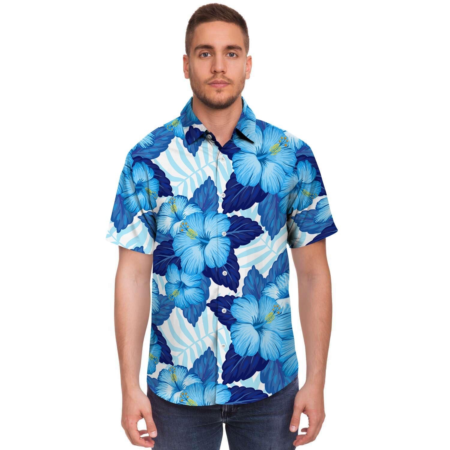 Hibiscus Blue Hawaiian Print Men's Short Sleeve Shirt-grizzshop