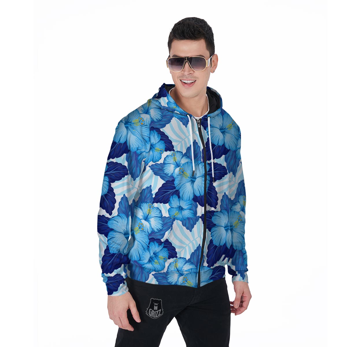 Hibiscus Blue Hawaiian Print Men's Zip Up Hoodie-grizzshop