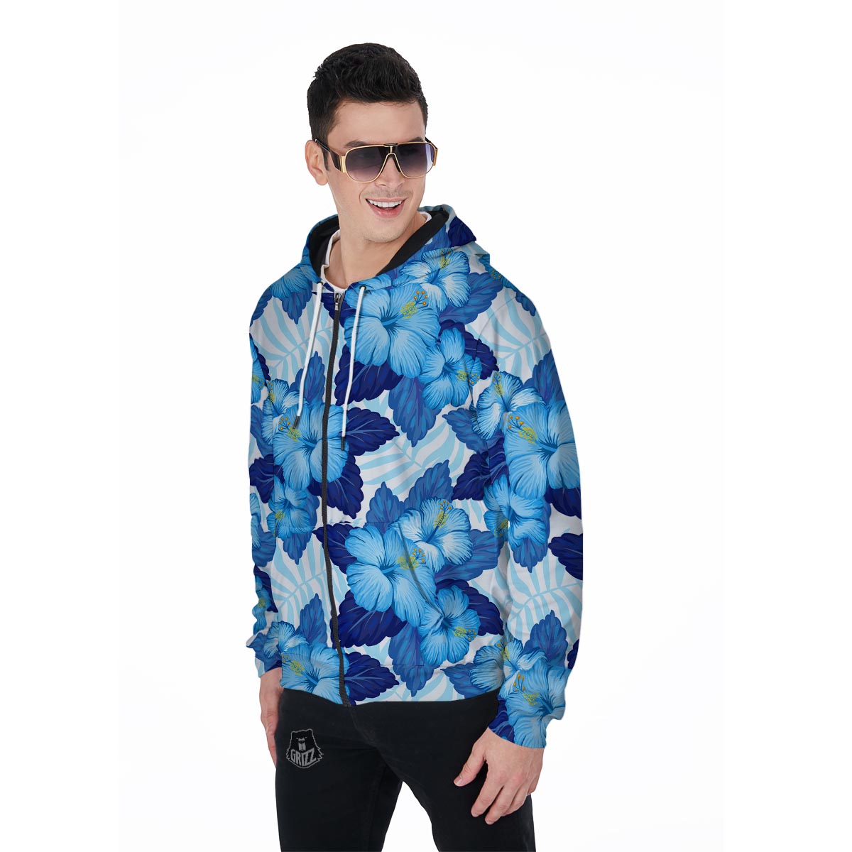 Hibiscus Blue Hawaiian Print Men's Zip Up Hoodie-grizzshop
