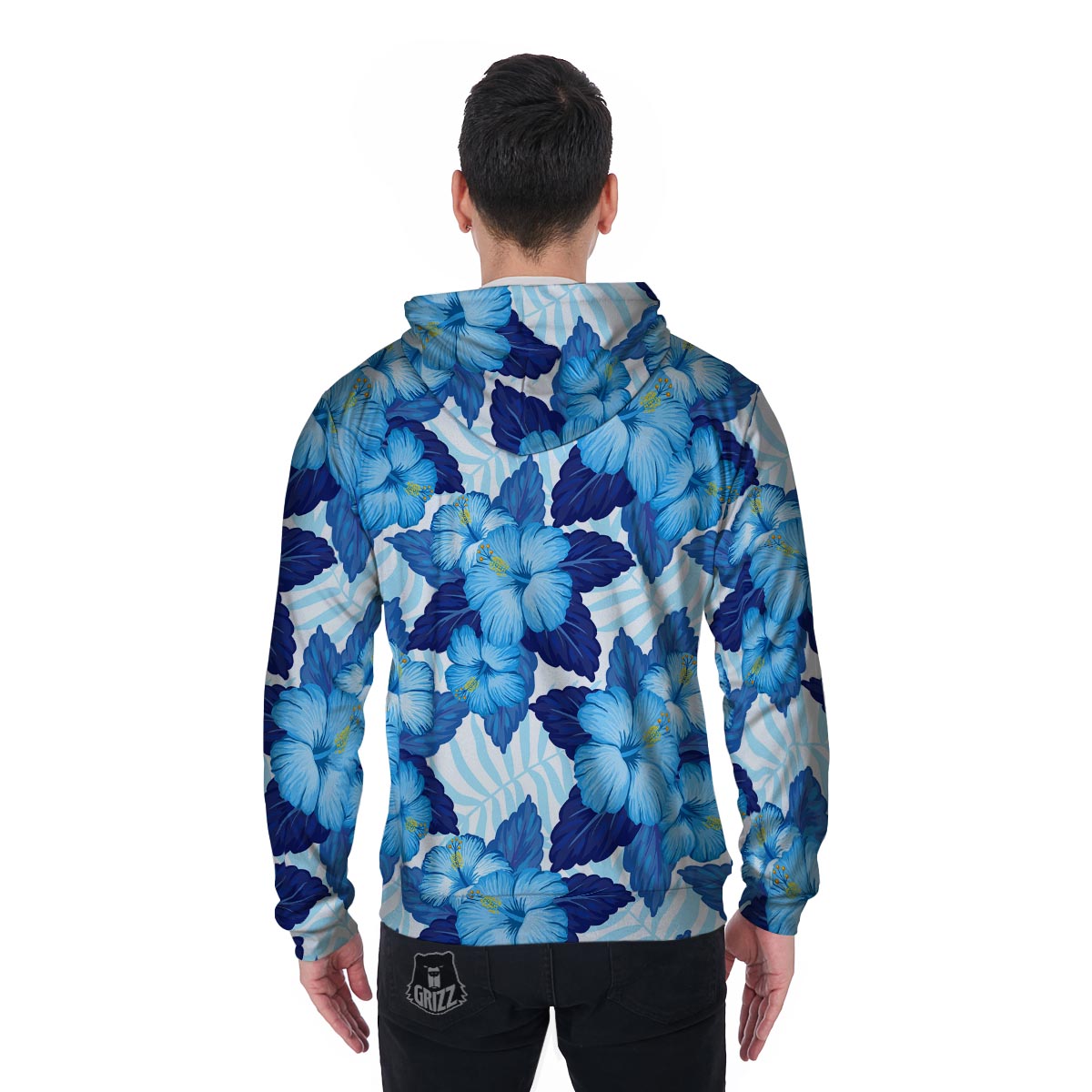 Hibiscus Blue Hawaiian Print Men's Zip Up Hoodie-grizzshop