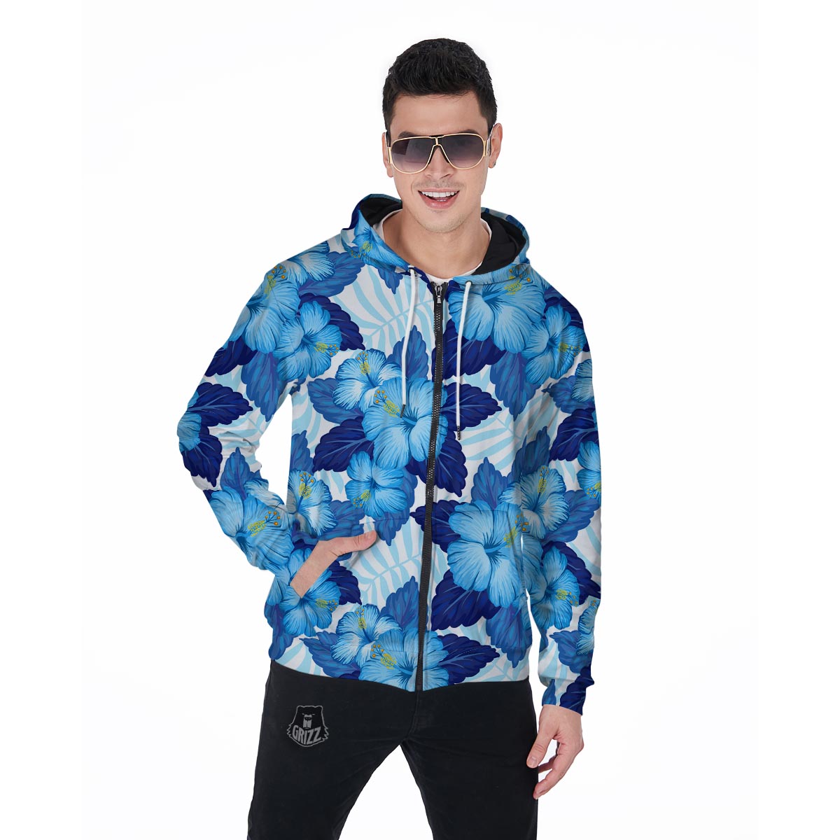 Hibiscus Blue Hawaiian Print Men's Zip Up Hoodie-grizzshop