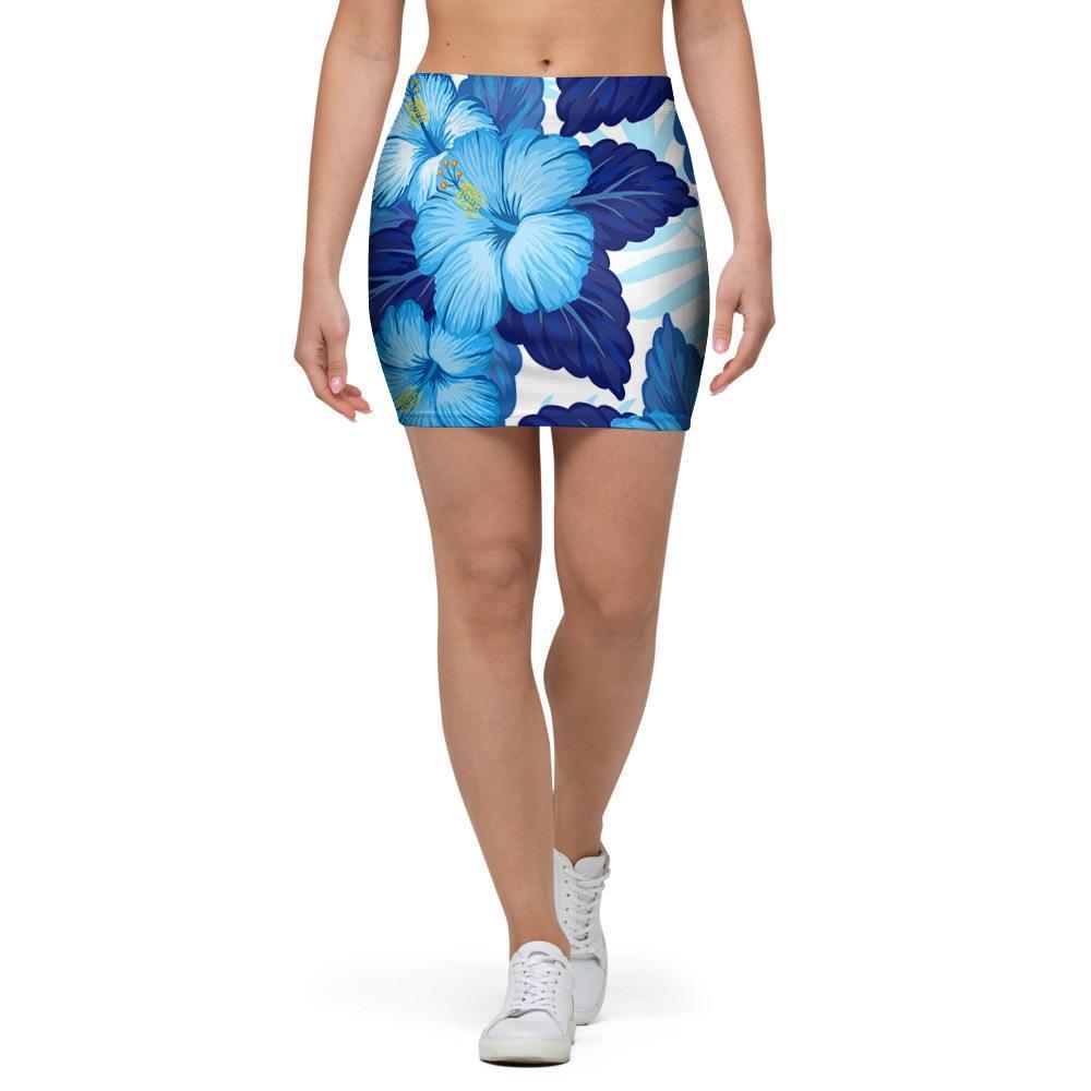 Hibiscus Blue Hawaiian Print Mini Skirt-grizzshop