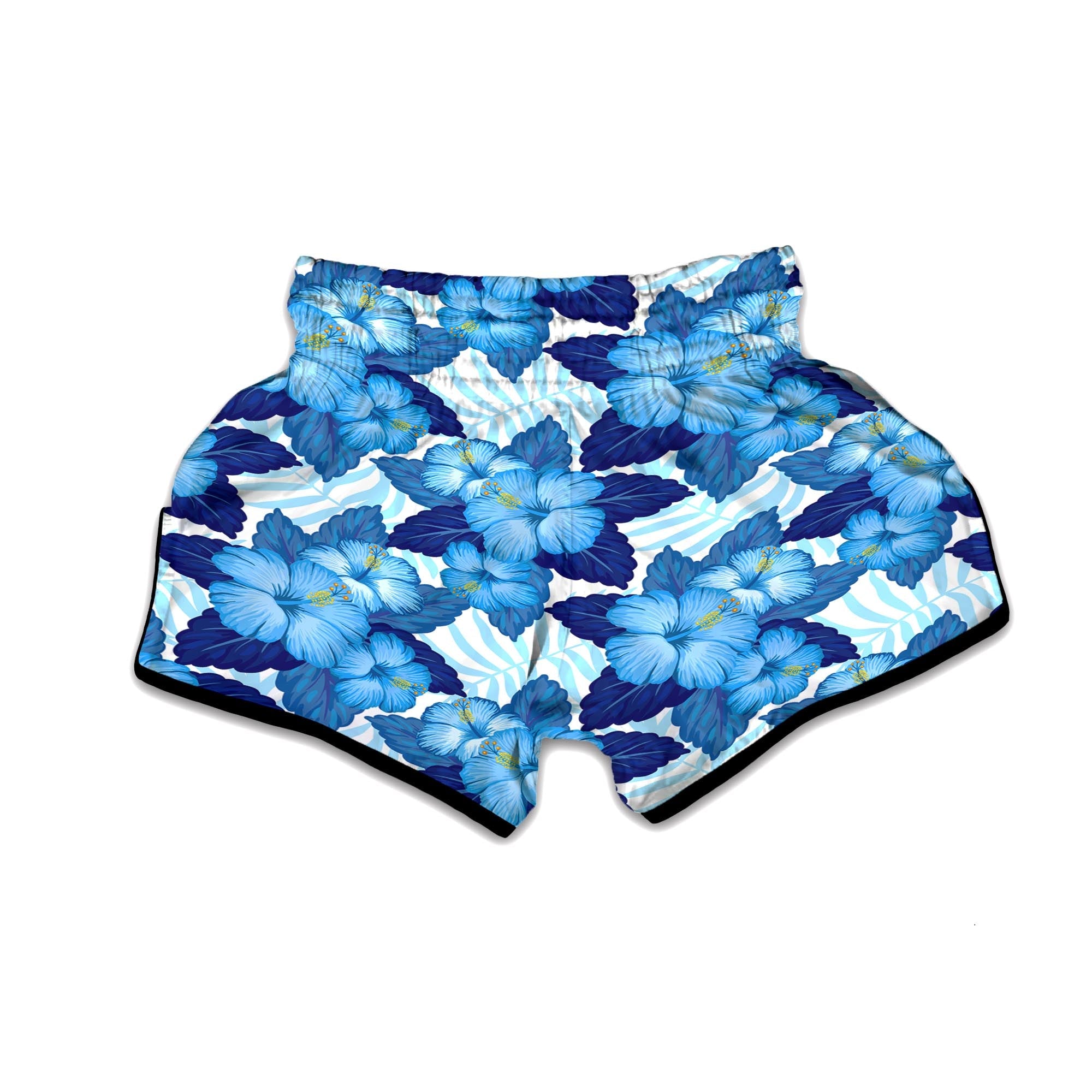 Hibiscus Blue Hawaiian Print Muay Thai Boxing Shorts-grizzshop