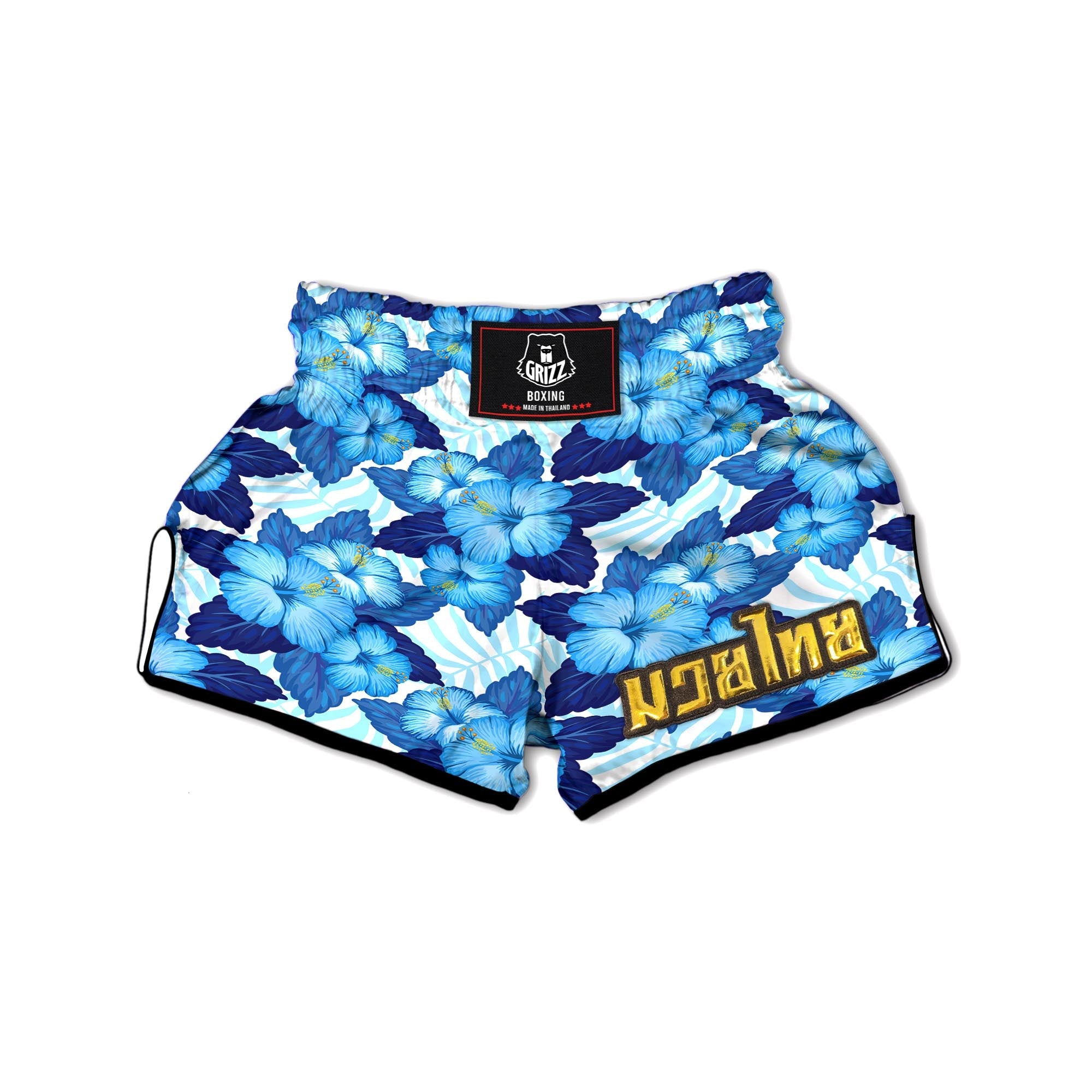 Hibiscus Blue Hawaiian Print Muay Thai Boxing Shorts-grizzshop