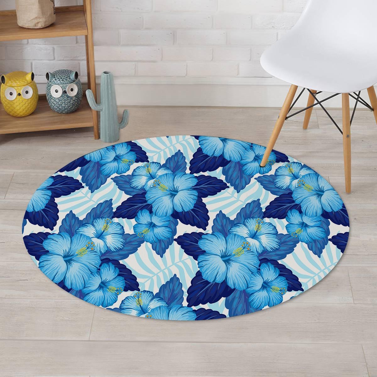 Hibiscus Blue Hawaiian Print Round Rug-grizzshop