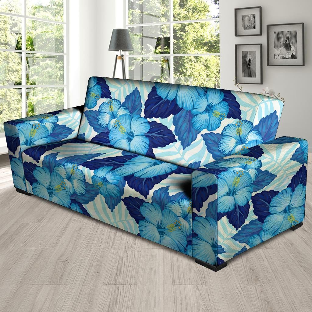 Hibiscus Blue Hawaiian Print Sofa Cover-grizzshop