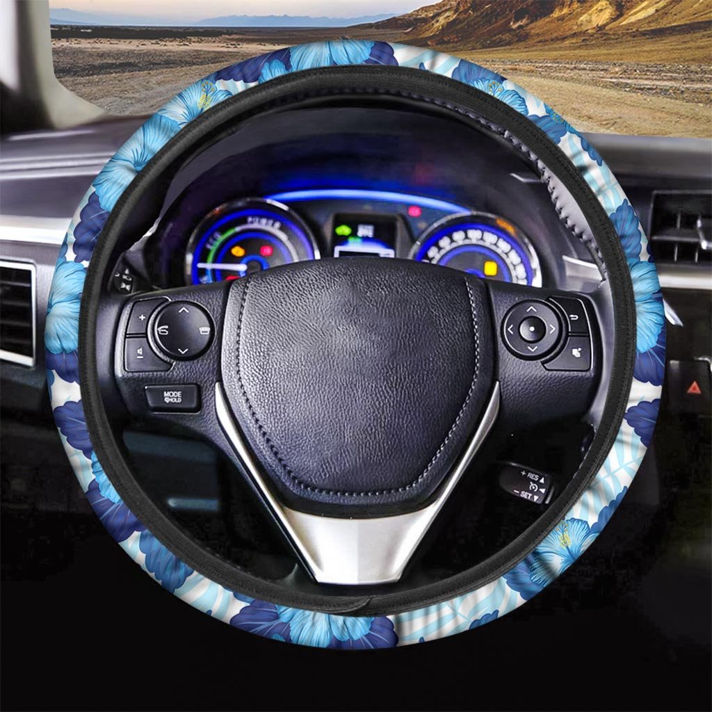 Hibiscus Blue Hawaiian Print Steering Wheel Cover-grizzshop