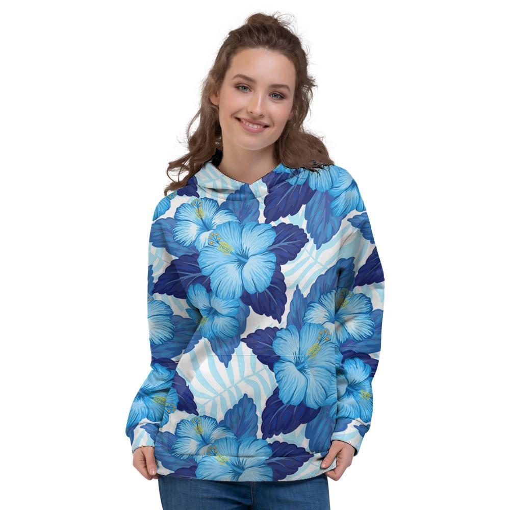 Hibiscus Blue Hawaiian Print Women's Hoodie-grizzshop