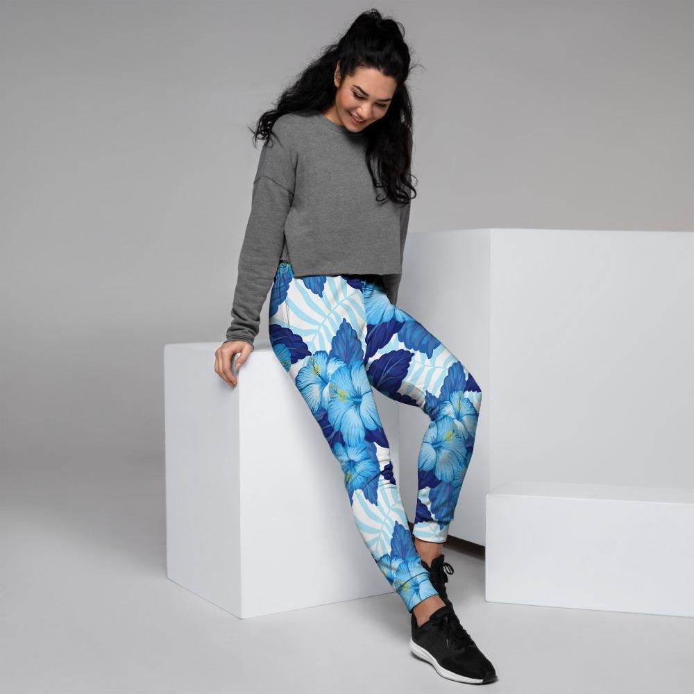 Hibiscus Blue Hawaiian Print Women's Joggers-grizzshop