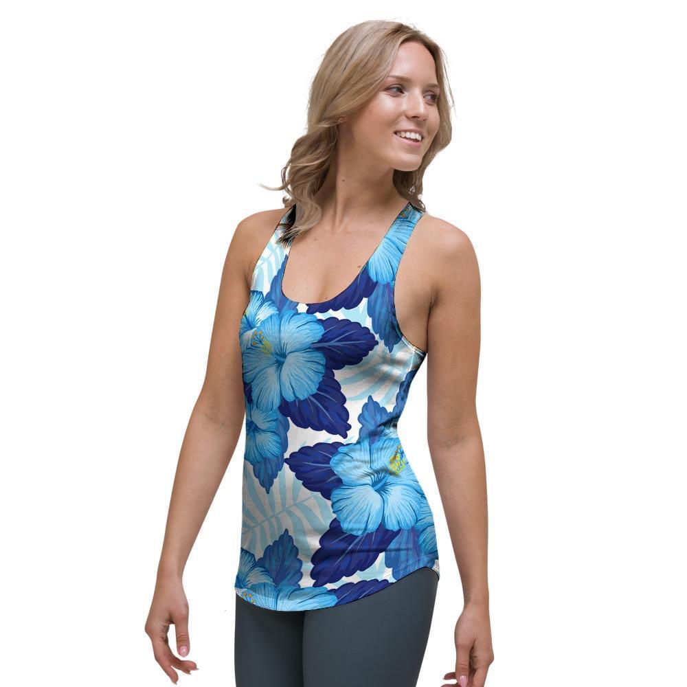 Hibiscus Blue Hawaiian Print Women's Racerback Tank Top-grizzshop