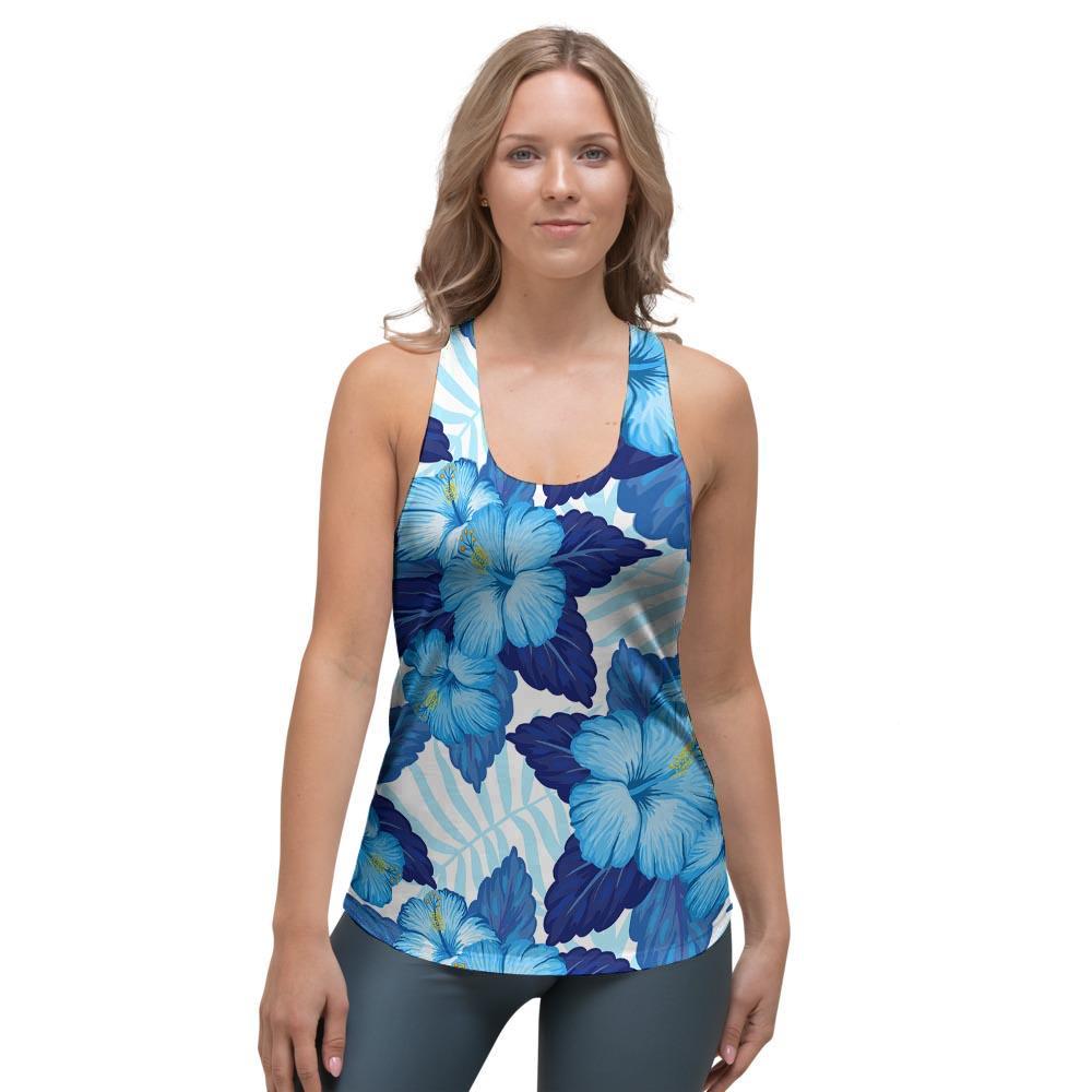 Hibiscus Blue Hawaiian Print Women's Racerback Tank Top-grizzshop