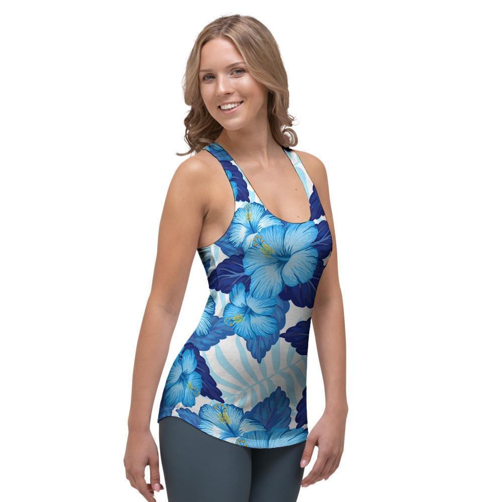 Hibiscus Blue Hawaiian Print Women's Racerback Tank Top-grizzshop