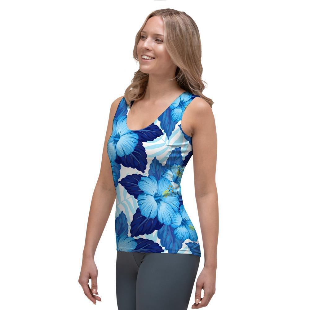 Hibiscus Blue Hawaiian Print Women's Tank Top-grizzshop