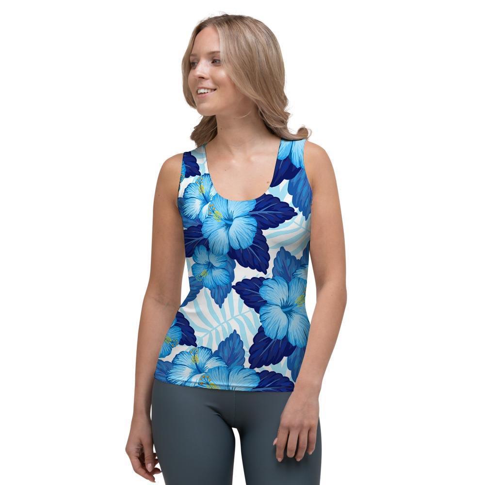 Hibiscus Blue Hawaiian Print Women's Tank Top-grizzshop