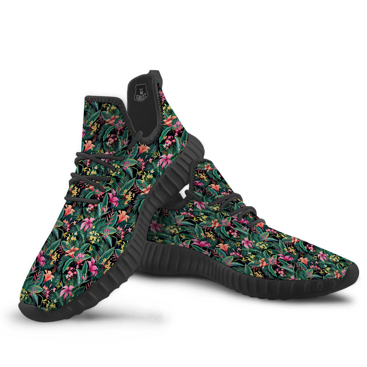 Hibiscus Exotic Tropical Print Pattern Black Walking Shoes-grizzshop