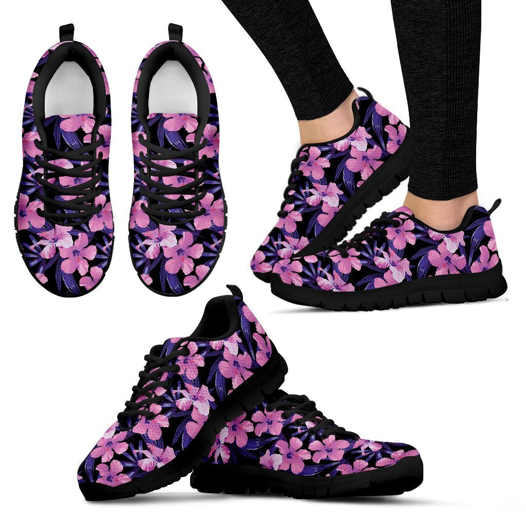 Hibiscus Floral Tropical Hawaiian Flower Palm Leaves Pattern Print Black Sneaker Shoes For Men Women-grizzshop