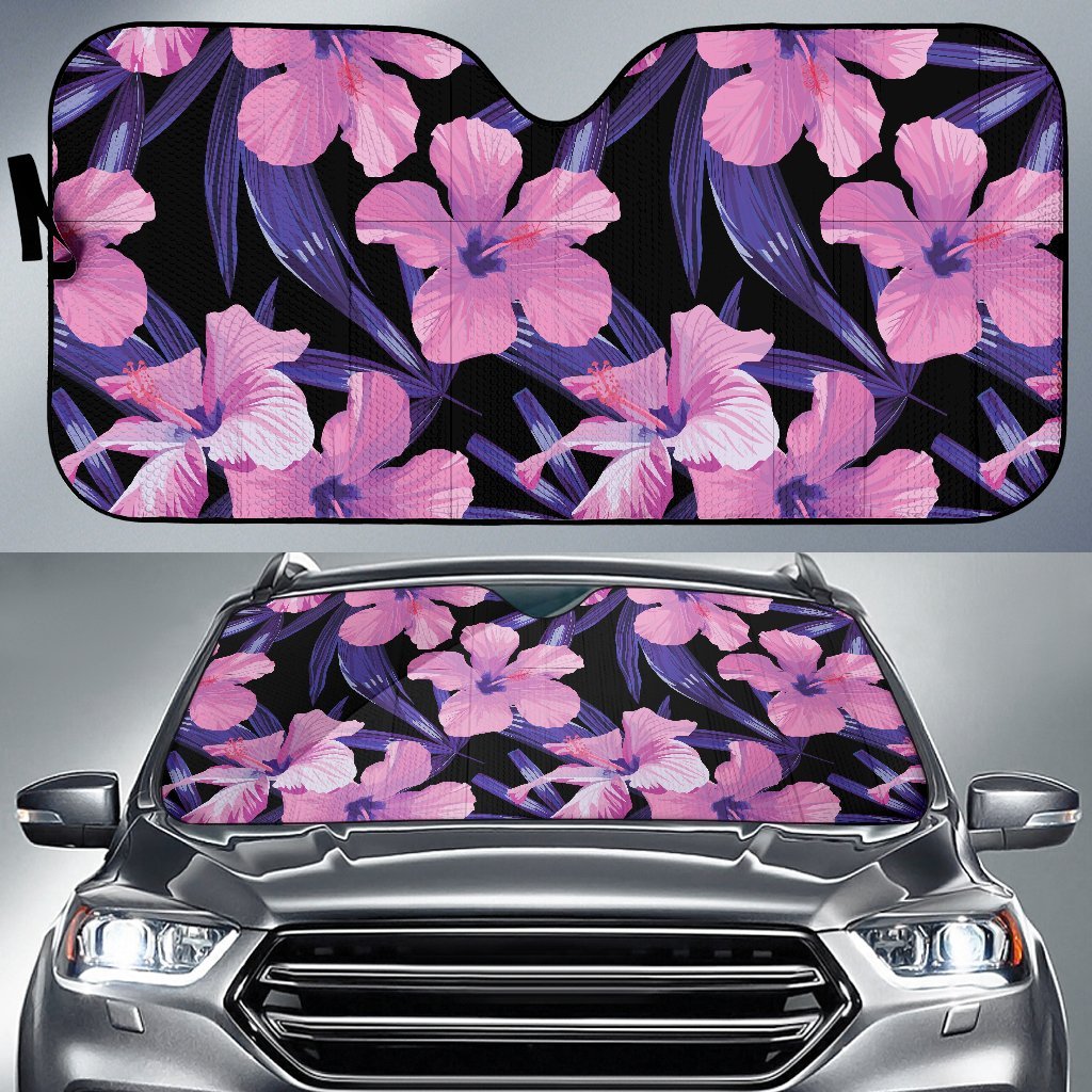 Hibiscus Floral Tropical Hawaiian Flower Palm Leaves Pattern Print Car Sun Shade-grizzshop