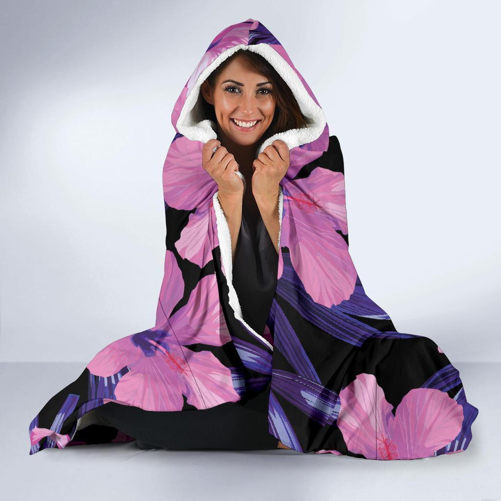 Hibiscus Floral Tropical Hawaiian Flower Palm Leaves Pattern Print Hooded Blanket-grizzshop
