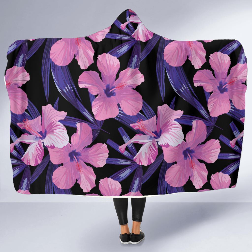 Hibiscus Floral Tropical Hawaiian Flower Palm Leaves Pattern Print Hooded Blanket-grizzshop