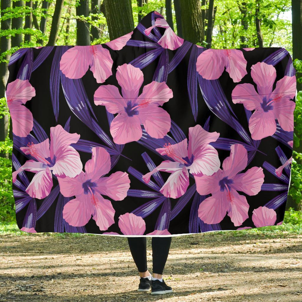 Hibiscus Floral Tropical Hawaiian Flower Palm Leaves Pattern Print Hooded Blanket-grizzshop