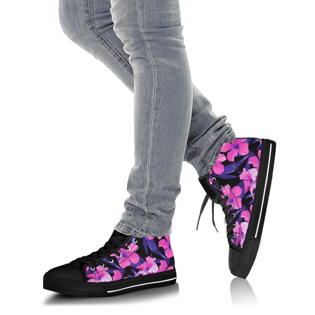 Hibiscus Floral Tropical Hawaiian Flower Palm Leaves Pattern Print Men Women's High Top Shoes-grizzshop