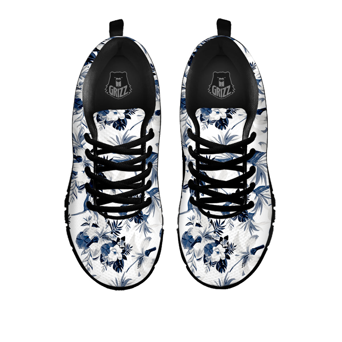 Hibiscus Floral White And Blue Print Pattern Black Sneaker-grizzshop