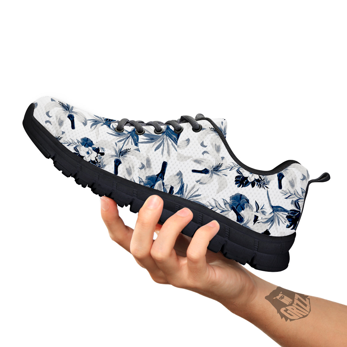 Hibiscus Floral White And Blue Print Pattern Black Sneaker-grizzshop