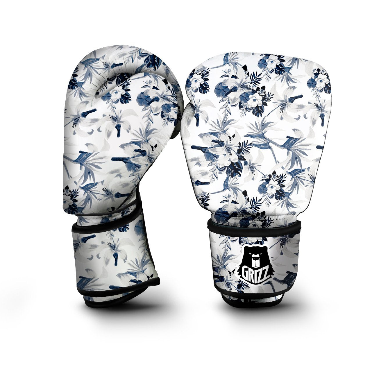 Hibiscus Floral White And Blue Print Pattern Boxing Gloves-grizzshop