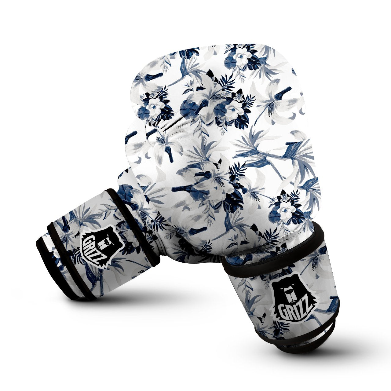 Hibiscus Floral White And Blue Print Pattern Boxing Gloves-grizzshop