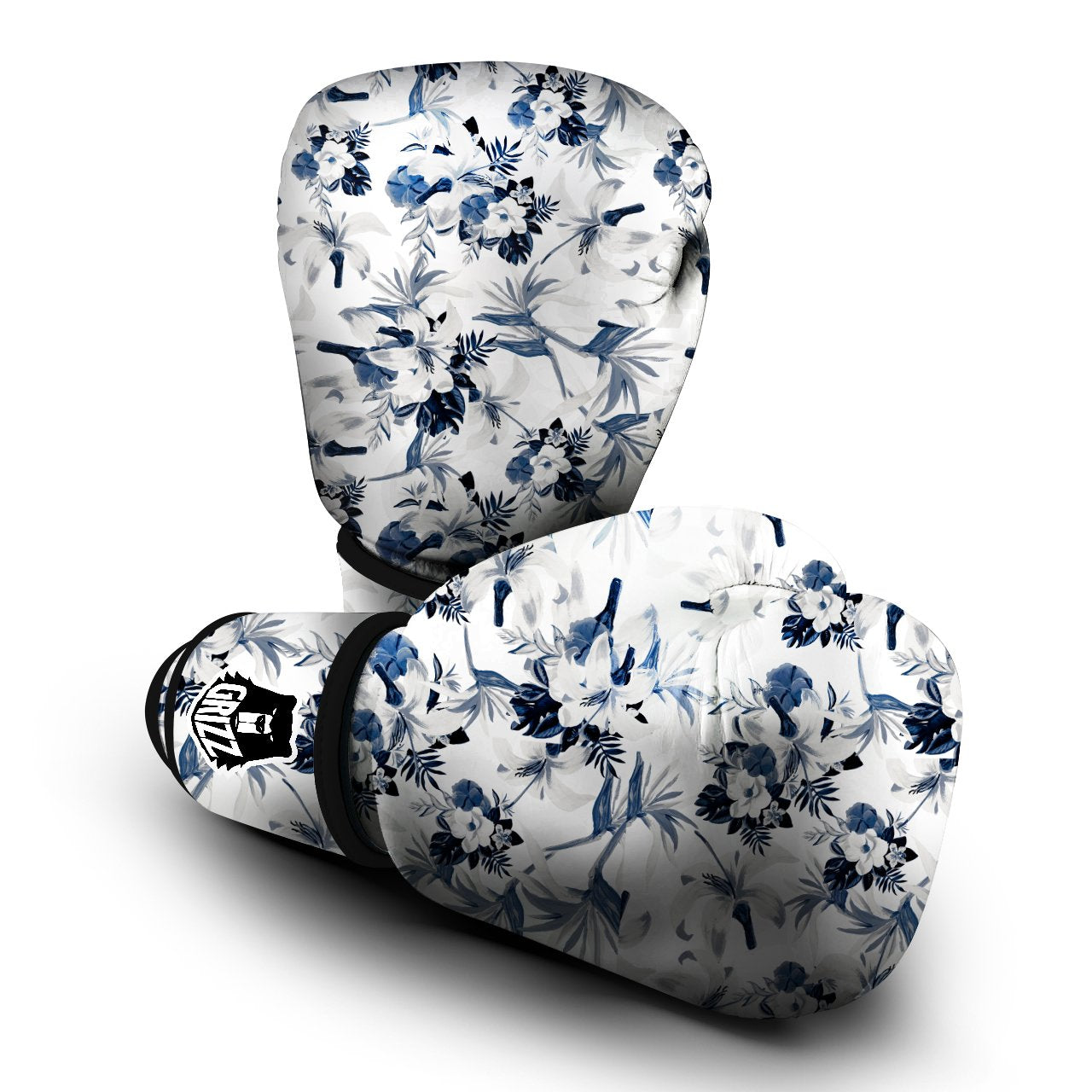 Hibiscus Floral White And Blue Print Pattern Boxing Gloves-grizzshop