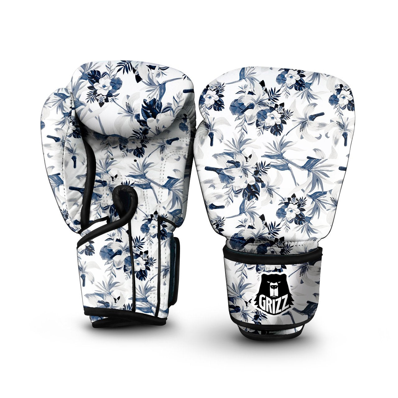 Hibiscus Floral White And Blue Print Pattern Boxing Gloves-grizzshop